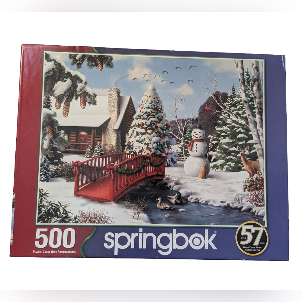 Springbok 500 Piece Puzzle Winters Home Snowman Christmas Wooded Cabin